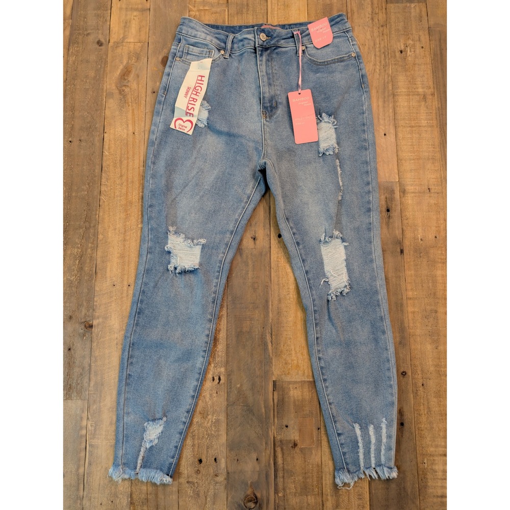 Bamboo Original Denim High Rise Skinny Jean Ripped Frayed Hem Size Junior 15 NWT